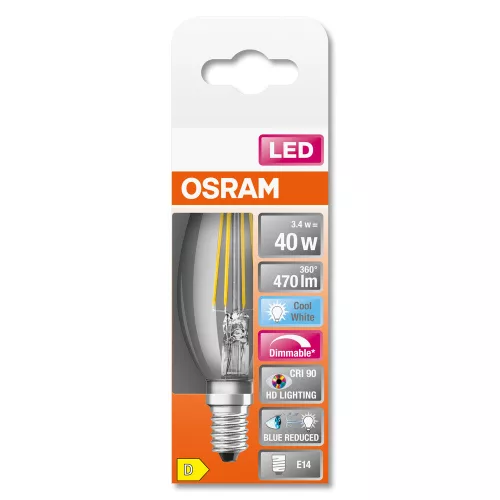 LED izzó E14 B35 CL 3.4W = 40W 470lm 4000K Semleges 300° CRI90 Izzószál OSRAM SUPERSTAR+ szabályozható