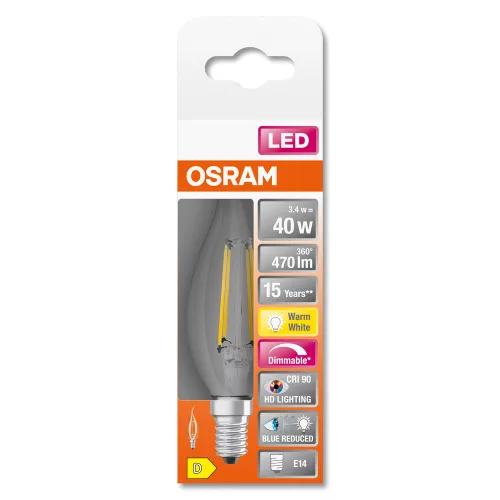 LED izzó E14 BA35 3.4W = 40W 470lm 2700K 300° CRI90 izzószál OSRAM SUPERSTAR+ szabályozható