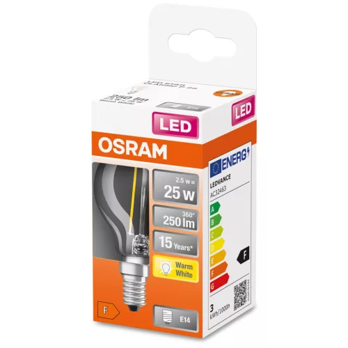 LED izzó E14 P45 CL 2.5W = 25W 250lm 2700K 300° OSRAM STAR izzószál