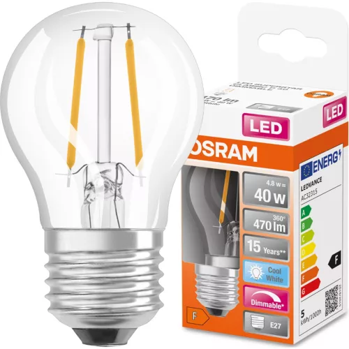 E27 P45 CL LED izzó 4,8W = 40W 470lm 4000K Semleges 320°-os izzószálas, szabályozható OSRAM SUPER STAR