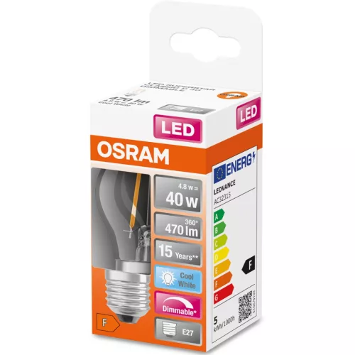 E27 P45 CL LED izzó 4,8W = 40W 470lm 4000K Semleges 320°-os izzószálas, szabályozható OSRAM SUPER STAR