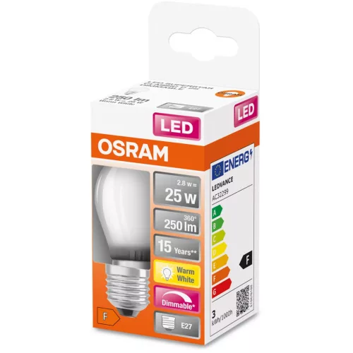 E27 P45 LED izzó 2,8W = 25W 250lm 2700K 320°-os izzószál, szabályozható
