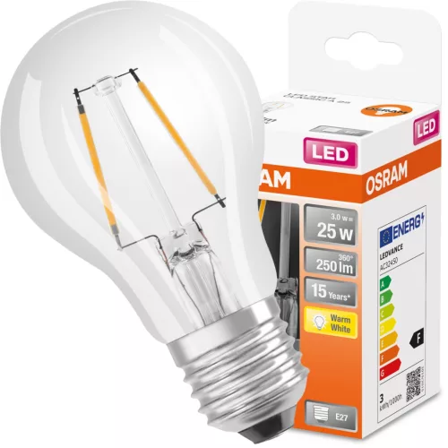 LED izzó E27 A60 CL 3W = 25W 250lm 2700K 300° OSRAM STAR izzószál