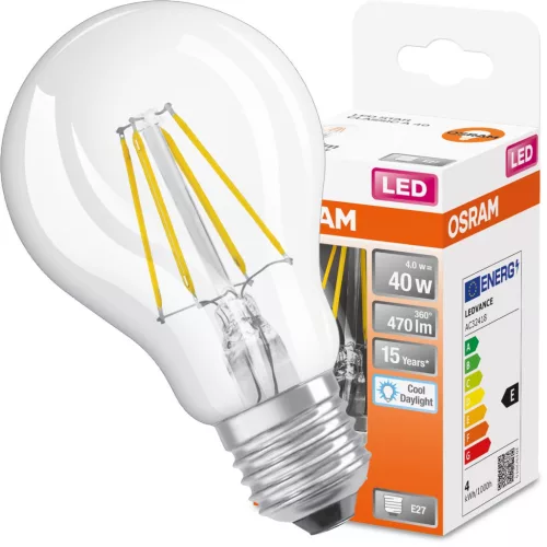 E27 A60 CL LED izzó 4W = 40W 470lm 6500K Hideg 300° OSRAM STAR izzószál