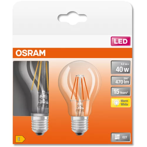 2Pak LED izzó E27 A60 4W = 40W 470lm 2700K 300° OSRAM STAR izzószál