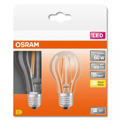 2db LED izzó E27 A60 6.5W = 60W 806lm 2700K  300° Izzószál OSRAM