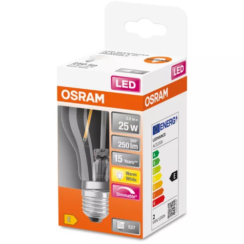 E27 A60 LED izzó 2W = 25W 250lm 2700K Meleg 320°-os izzószálas, szabályozható OSRAM SUPERSTAR