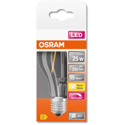 E27 A60 LED izzó 2W = 25W 250lm 2700K Meleg 320°-os izzószálas, szabályozható OSRAM SUPERSTAR