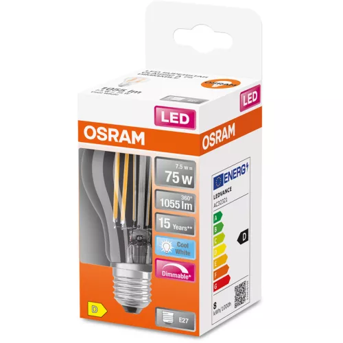 E27 A60 LED izzó 7.5W = 75W 1055lm 4000K Semleges 300°-os izzószál szabályozható OSRAM SUPERSTAR