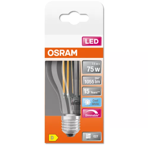 E27 A60 LED izzó 7.5W = 75W 1055lm 4000K Semleges 300°-os izzószál szabályozható OSRAM SUPERSTAR