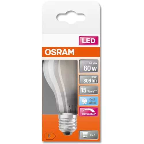 E27 A60 LED izzó 6.5W = 60W 806lm 4000K Semleges 300°-os izzószálas, szabályozható OSRAM SUPER STAR
