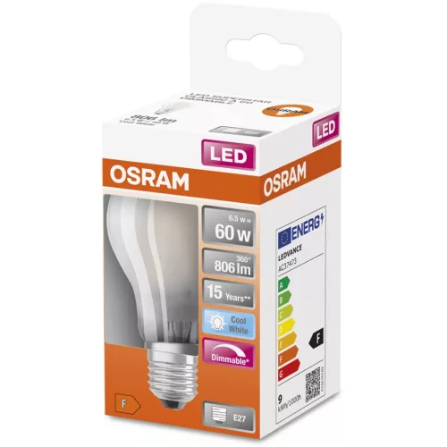 E27 A60 LED izzó 6.5W = 60W 806lm 4000K Semleges 300°-os izzószálas, szabályozható OSRAM SUPER STAR