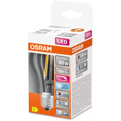 E27 A60 LED izzó 5.8W = 60W 806lm 4000K Semleges 300° CRI90 izzószál szabályozható OSRAM SUPER STAR+