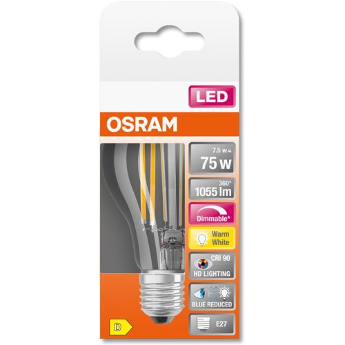 E27 A60 LED izzó 7.5W = 75W 1055lm 2700K 300° CRI90 izzószálas, szabályozható