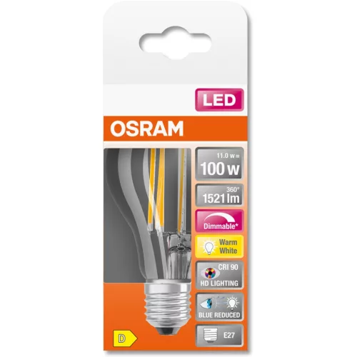 E27 A60 LED izzó 11W = 100W 1521lm 2700K 300° CRI90 Izzószálas, szabályozható