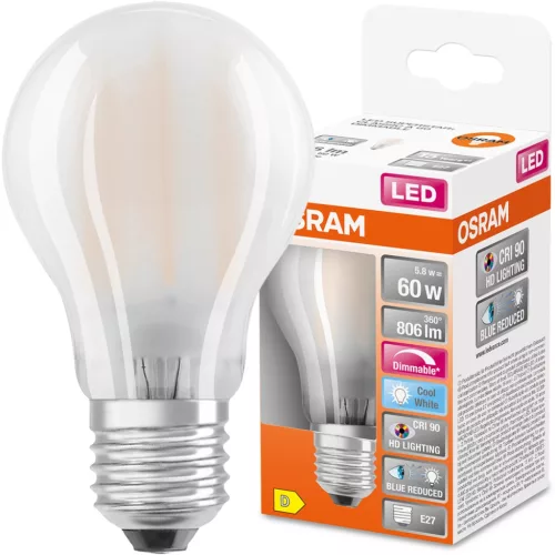 E27 A60 LED izzó 5.8W = 60W 806lm 4000K Semleges 300° CRI90 izzószál szabályozható OSRAM SUPER STAR+