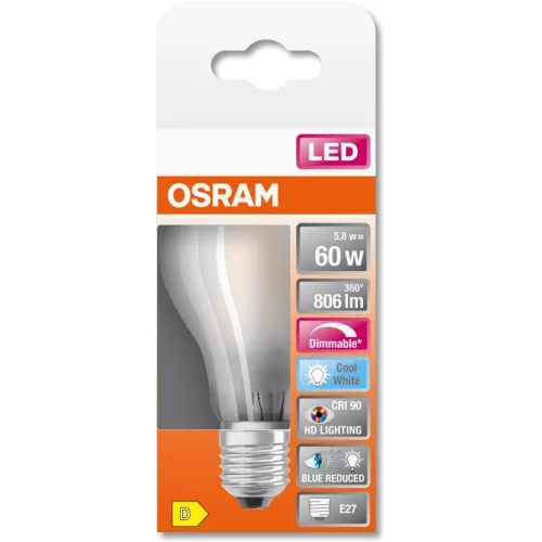 E27 A60 LED izzó 5.8W = 60W 806lm 4000K Semleges 300° CRI90 izzószál szabályozható OSRAM SUPER STAR+