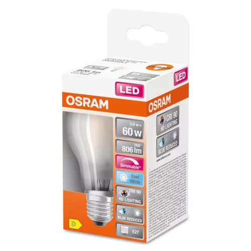 E27 A60 LED izzó 5.8W = 60W 806lm 4000K Semleges 300° CRI90 izzószál szabályozható OSRAM SUPER STAR+