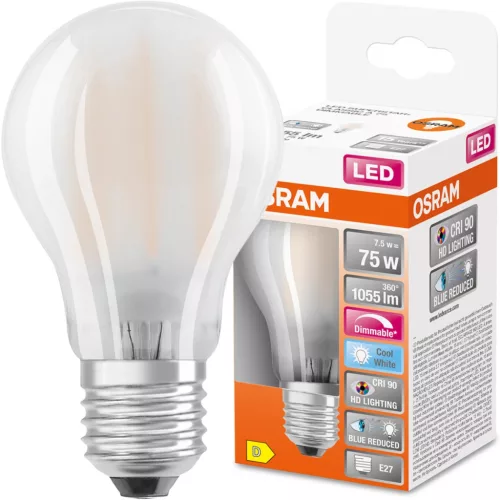 E27 A60 LED izzó 7.5W = 75W 1055lm 4000K semleges 300° CRI90 izzószálas, szabályozható OSRAM SUPER STAR+