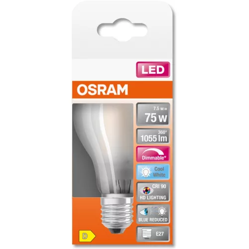 E27 A60 LED izzó 7.5W = 75W 1055lm 4000K semleges 300° CRI90 izzószálas, szabályozható OSRAM SUPER STAR+