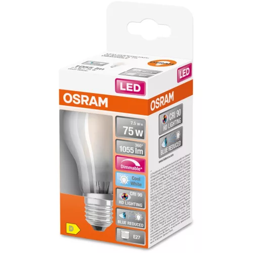 E27 A60 LED izzó 7.5W = 75W 1055lm 4000K semleges 300° CRI90 izzószálas, szabályozható OSRAM SUPER STAR+