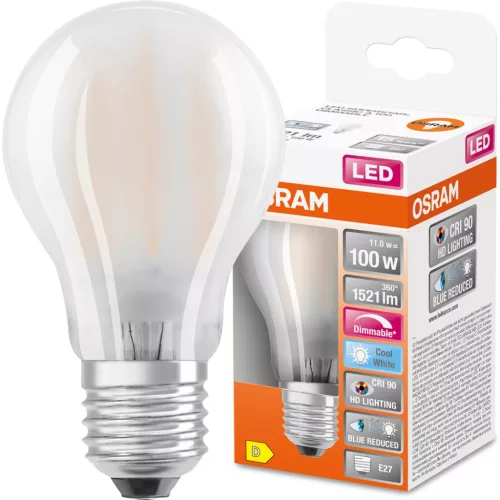 E27 A60 LED izzó 11W = 100W 1521lm 4000K semleges 300° CRI90 izzószál szabályozható OSRAM SUPER STAR+