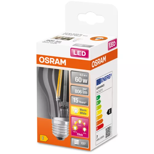 E27 A60 LED izzó 6,5 W = 60 W 806lm 2700 300°-os izzószál, 3 fokozatban szabályozható