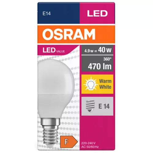E14 P45 LED izzó 4,9W = 40W 470lm 3000K meleg 200° OSRAM ÉRTÉK
