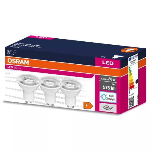 3PAK LED izzó GU10 6.9W = 80W 575lm 6500K hideg 60° OSRAM érték