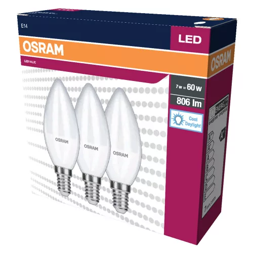 3db LED izzó E14 B35 7W = 60W 806lm 6500K Hideg 220° OSRAM érték