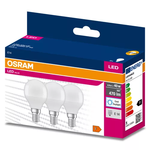 3db LED izzó Gömb E14 P45 4.9W = 40W 470lm 6500K Hideg 200° OSRAM érték