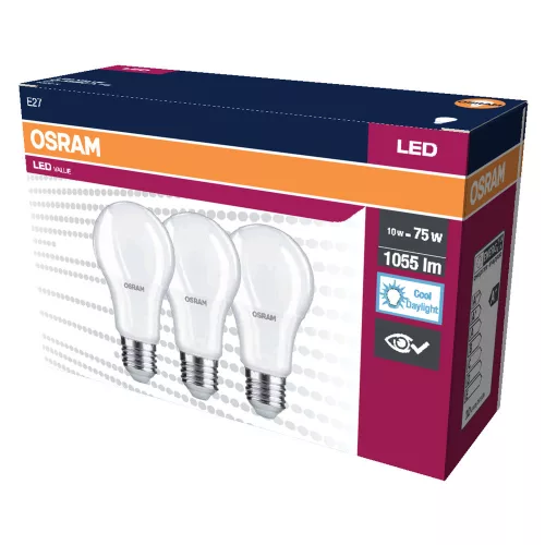 3PAK LED izzó E27 A60 10W = 75W 1055lm 6500K Hideg 200° OSRAM érték
