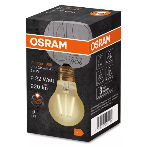 LED izzó E27 A60 2,5W = 22W 220lm 2400K 300°-os izzószál OSRAM Vintage 1906