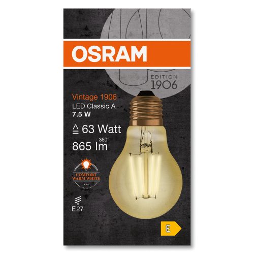 LED izzó E27 A60 7,5W = 63W 865lm 2400K 300°-os izzószál OSRAM