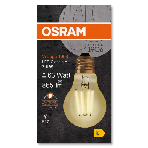 LED izzó E27 A60 7,5W = 63W 865lm 2400K 300°-os izzószál OSRAM