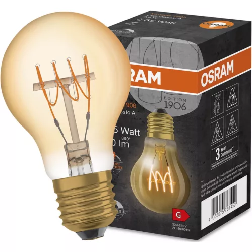 Dekoratív LED izzó E27 A60 4,8W = 35W 400lm 2200K  320°-os izzószálas, szabályozható OSRAM Vintage 1906