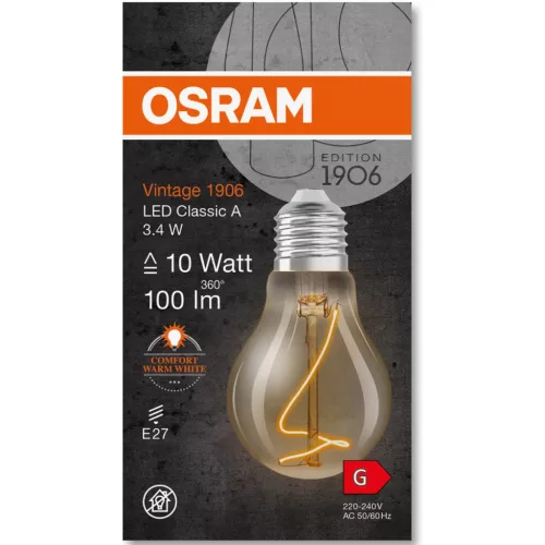 Dekoratív LED izzó E27 A60 3.4W = 10W 100lm 1800K  320°-os izzószál szabályozható OSRAM Vintage 1906
