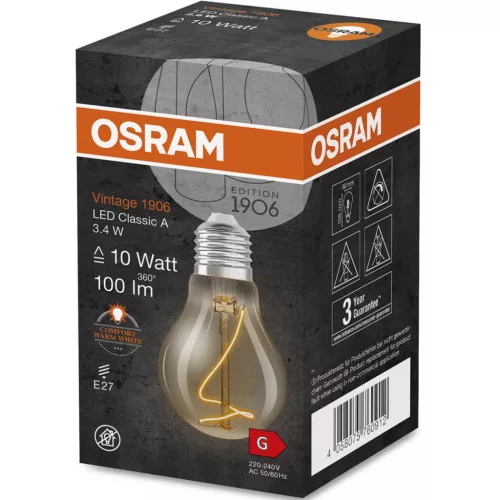 Dekoratív LED izzó E27 A60 3.4W = 10W 100lm 1800K  320°-os izzószál szabályozható OSRAM Vintage 1906