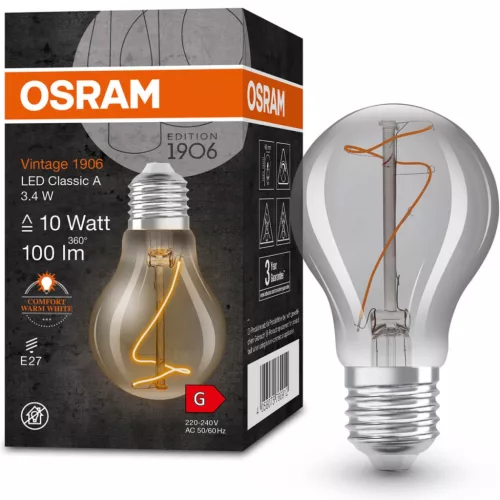 Dekoratív LED izzó E27 A60 3.4W = 10W 100lm 1800K  320°-os izzószál szabályozható OSRAM Vintage 1906