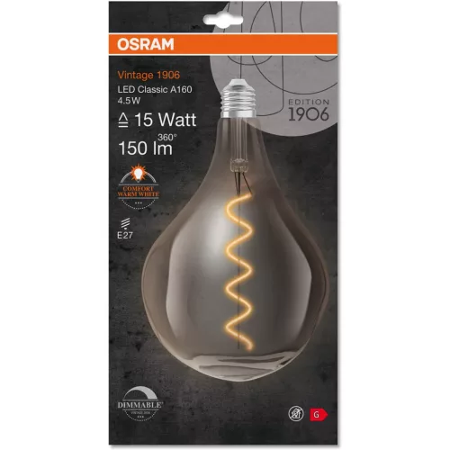 Dekoratív LED izzó E27 ET165 4,5W = 15W 150lm 1700K meleg 320°-os izzószál szabályozható OSRAM Vintage 1906