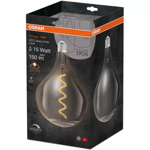 Dekoratív LED izzó E27 ET165 4,5W = 15W 150lm 1700K meleg 320°-os izzószál szabályozható OSRAM Vintage 1906