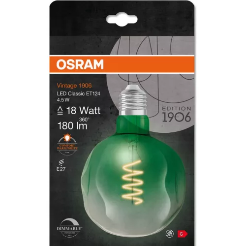 Dekoratív LED izzó E27 ET124 4,5W = 18W 180lm 1600K  360°-os izzószál szabályozható OSRAM Vintage 1906