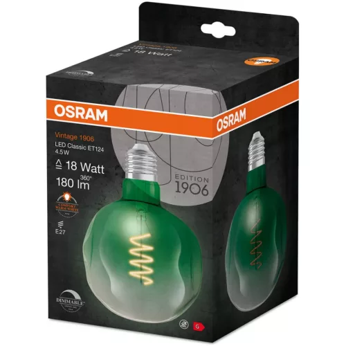 Dekoratív LED izzó E27 ET124 4,5W = 18W 180lm 1600K  360°-os izzószál szabályozható OSRAM Vintage 1906