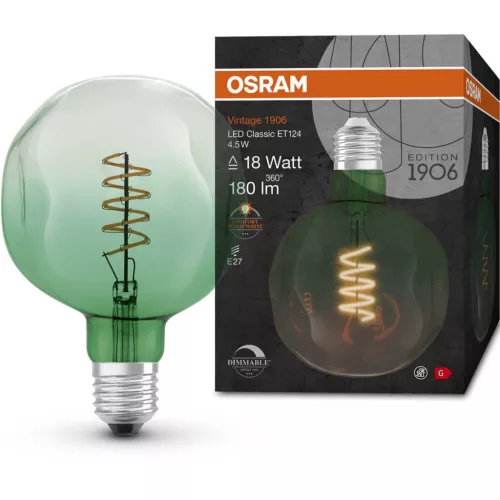 Dekoratív LED izzó E27 ET124 4,5W = 18W 180lm 1600K  360°-os izzószál szabályozható OSRAM Vintage 1906
