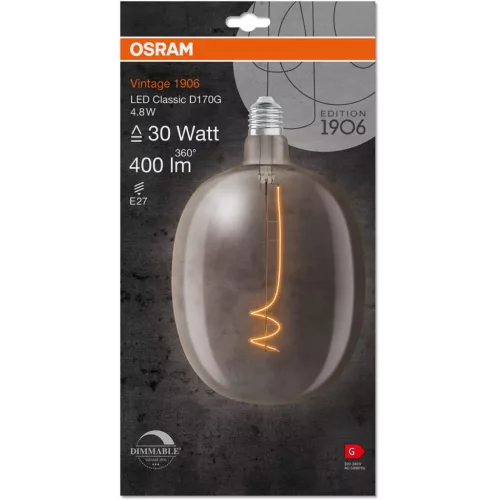 E27 BALLON LED dekoratív izzó 4.8W = 30W 400lm 2700K meleg 320° izzószál szabályozható OSRAM Vintage 1906