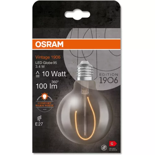 Dekoratív LED izzó E27 G95 3,4W = 10W 100lm 1800K meleg 320°-os izzószálas fényerőszabályzó OSRAM Vintage 1906