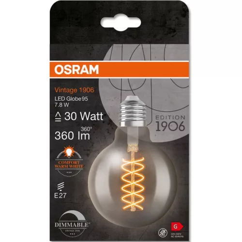 Dekoratív LED izzó E27 G95 7.8W = 30W 360lm 1800K Meleg 320°-os izzószálas, szabályozható OSRAM Vintage 1906