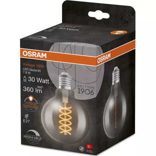 Dekoratív LED izzó E27 G95 7.8W = 30W 360lm 1800K Meleg 320°-os izzószálas, szabályozható OSRAM Vintage 1906