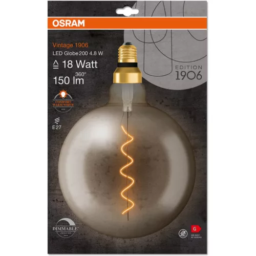 Dekoratív LED izzó E27 G200 4,8W = 16W 150lm 1800K meleg 320°-os izzószál szabályozható OSRAM Vintage 1906