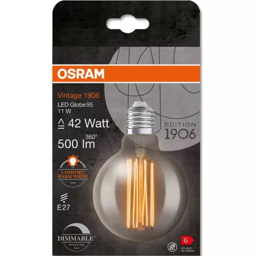 Dekoratív LED izzó E27 G95 11W = 42W 500lm 1800K meleg 320°-os izzószálas fényerőszabályzó OSRAM Vintage 1906